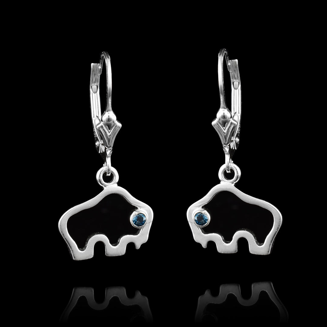 Sterling Silver Bison Earrings With a Blue Topaz Eye
