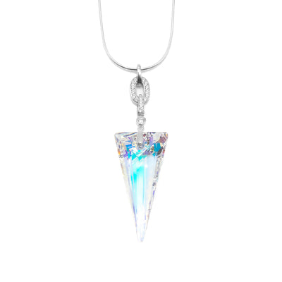 Aurora Borealis colour Swarovski Crystal arrow pendant with cubic zirconia on silver pieces above.
