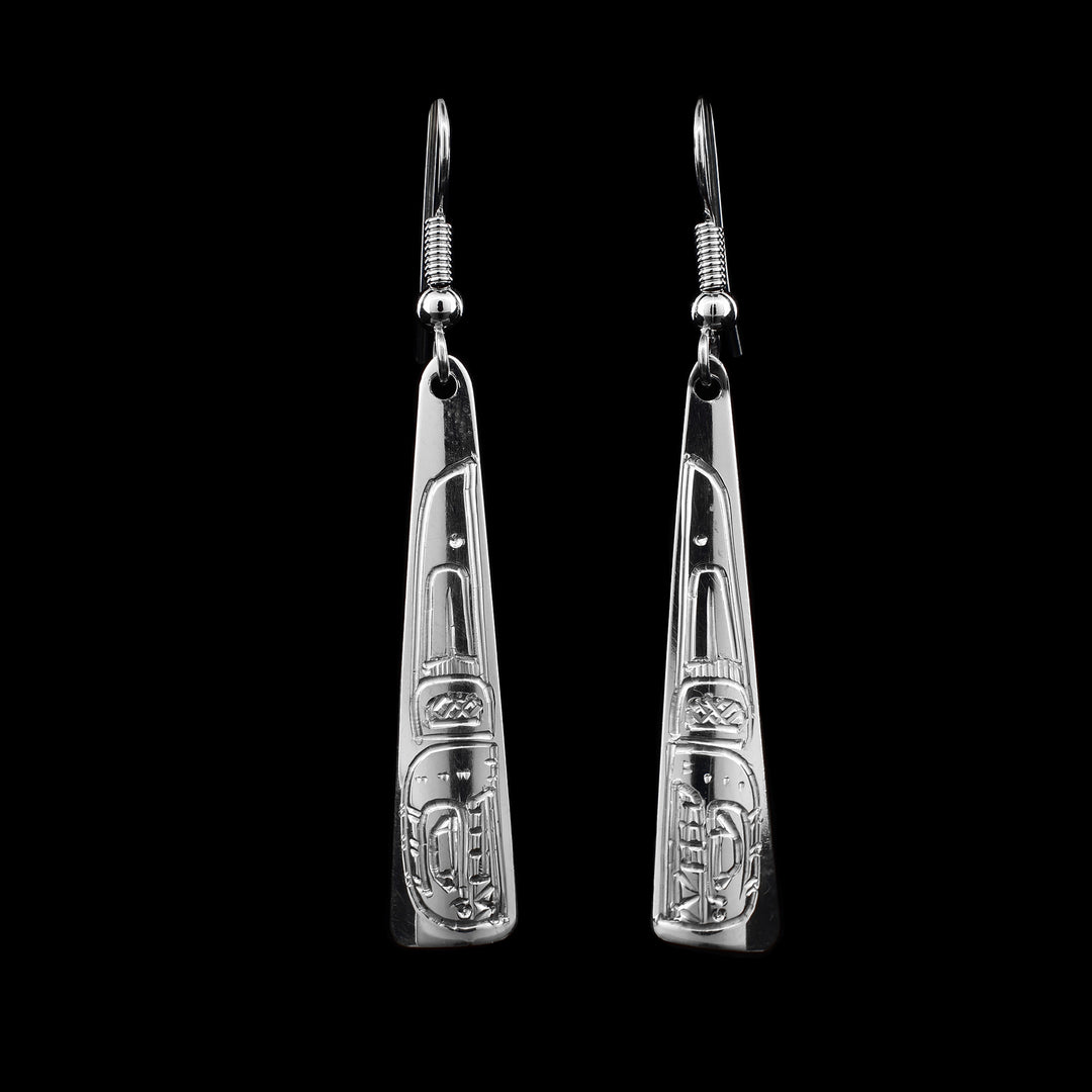 Sterling Silver Dainty Orca Triangle Earrings, the legend of the Orca has been carved into the surface of the silver earrings.