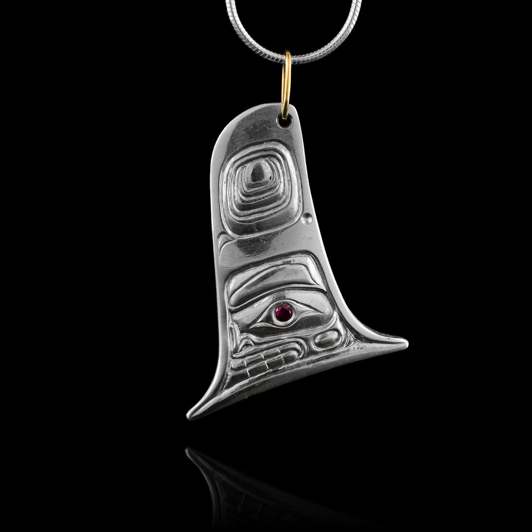 Sterling Silver Dorsal Fin Orca Pendant with Garnet