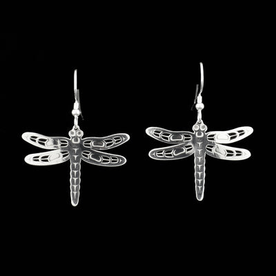 Each earring is a dragonfly with outstretched wings. Earrings are flat and depict the topside of dragonflies. Shapes have been pierced out of wings.