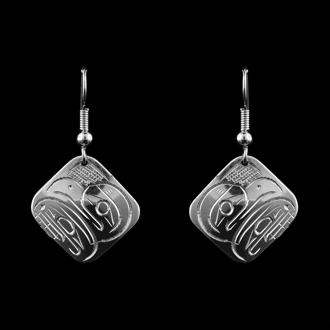 Shop hand-carved sterling silver earrings by Coast Salish artist Graham Henry. Featuring the legend of the Eagle & Orca in stunning square detail.