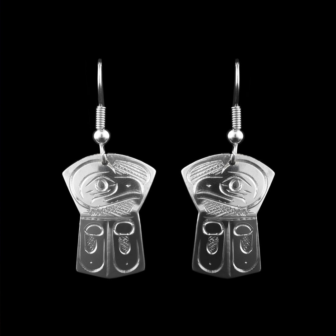 Sterling Silver Eagle Shield Earrings, the shape of the earrings is "copper shield" with the legend of the Eagle a top of it.