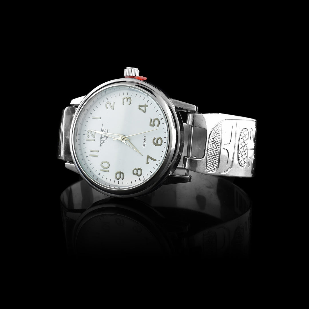 Sterling Silver Eagle and Orca Watch, the band of the watch is hand carved with the indigenous legends of the Eagle and Orca.