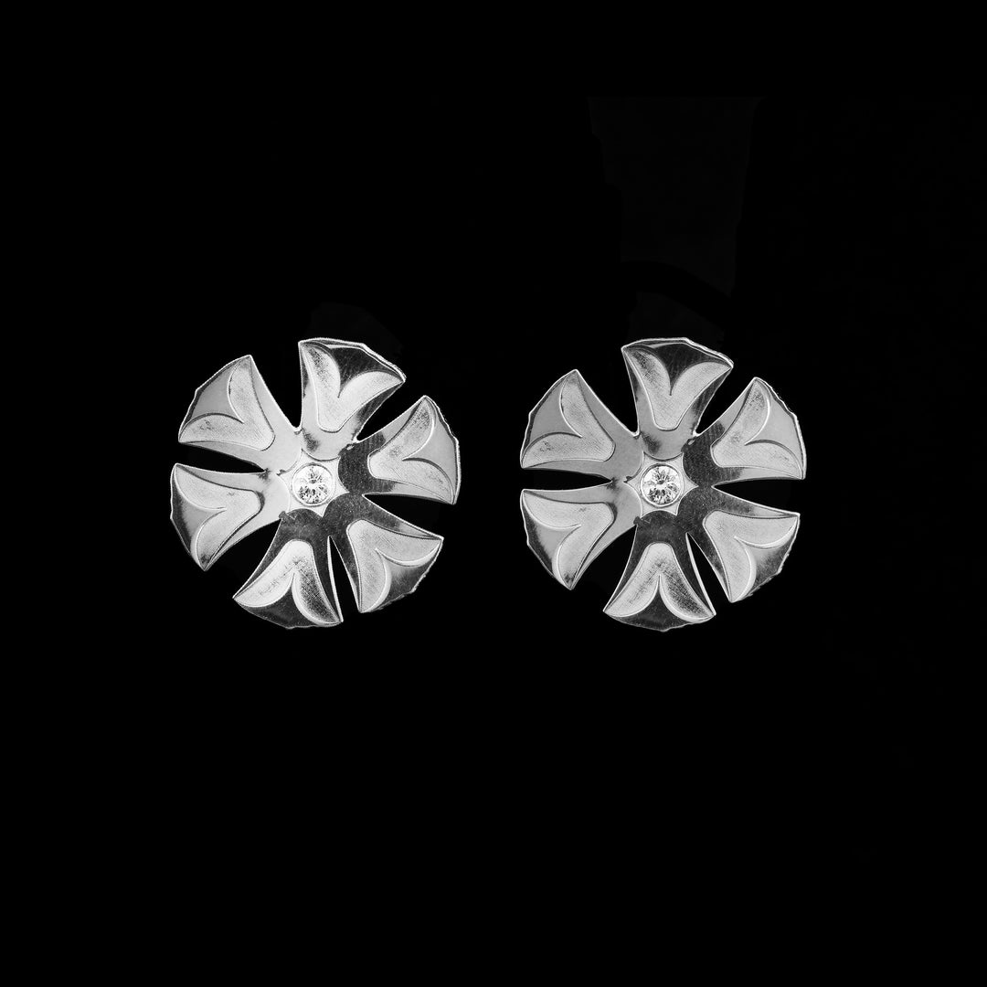 Sterling Silver Flower Stud Earrings with Diamonds