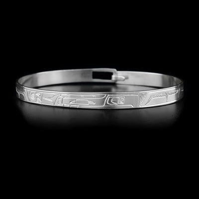 This sterling silver bracelet depicts the face of the Thunderbird on the front. The body of the Thunderbird is depicted around the rest of the bracelet. There is a clasp on the back.