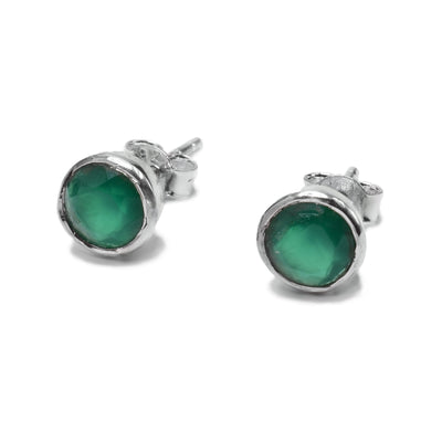 These onyx earrings are made with sterling silver and green onyx gemstones. They are circle shaped and the gems are backed with silver.