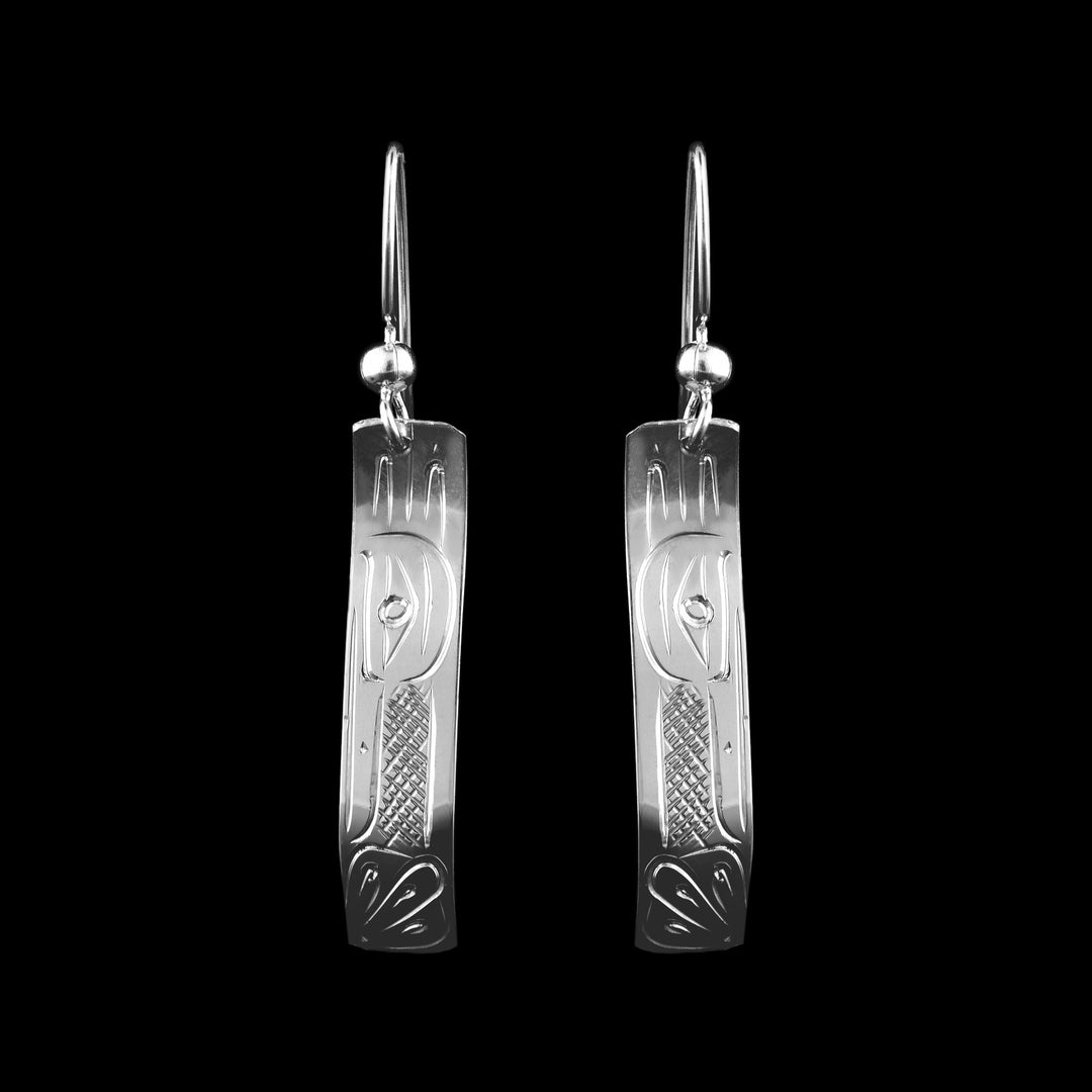 Sterling Silver Hummingbird Drop Earrings, the indigenous carving of the hummingbird is carved onto the surface of these rectangular wavy drop earrings.