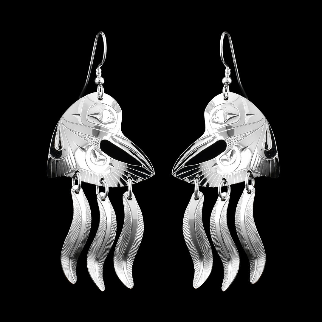 Handcrafted sterling silver hummingbird dangle earrings by Fred Myra with three feather dangles on each earring and a detailed design.