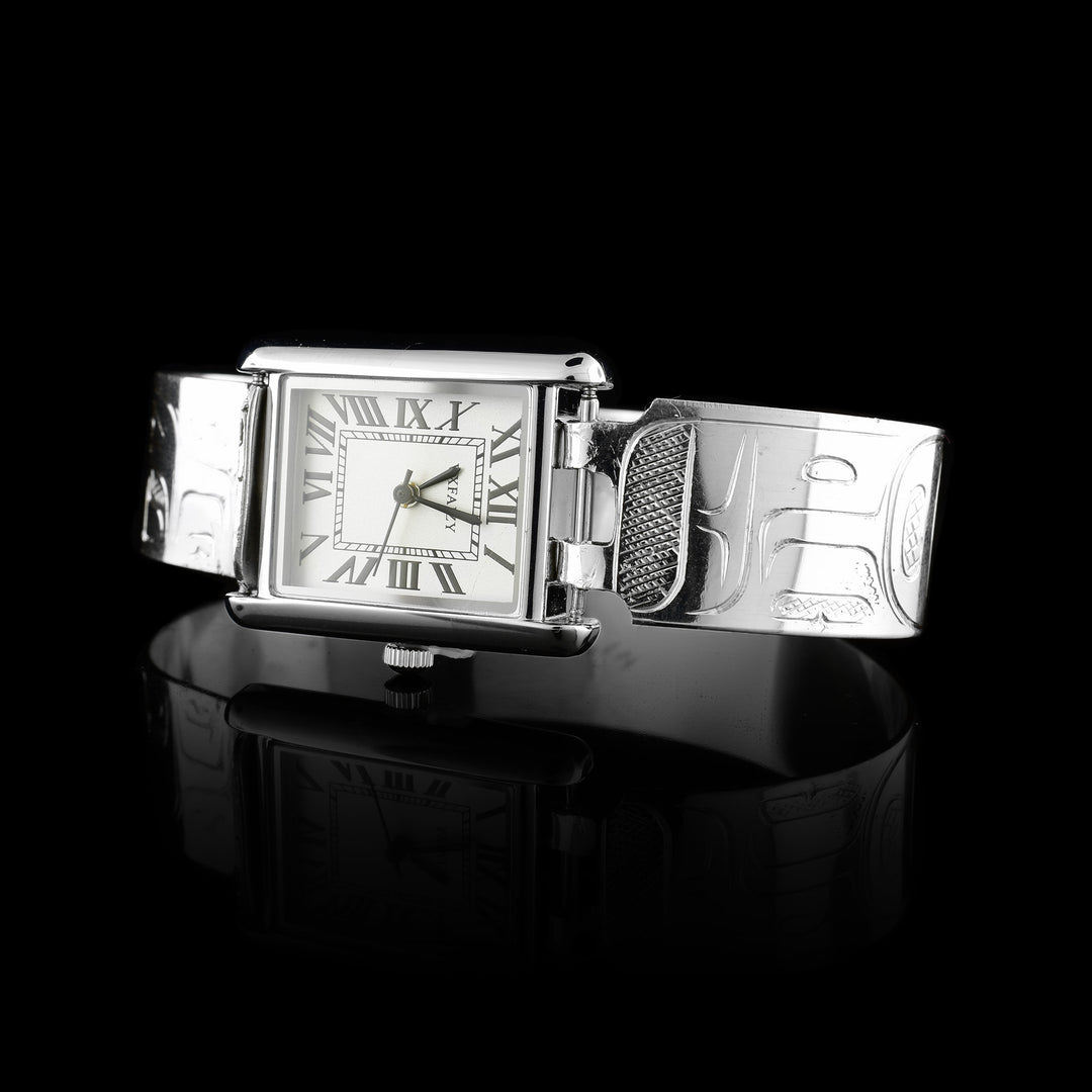 Sterling Silver Hummingbird Watch, the sterling silver band is engraved with the indigenous hummingbird legend.