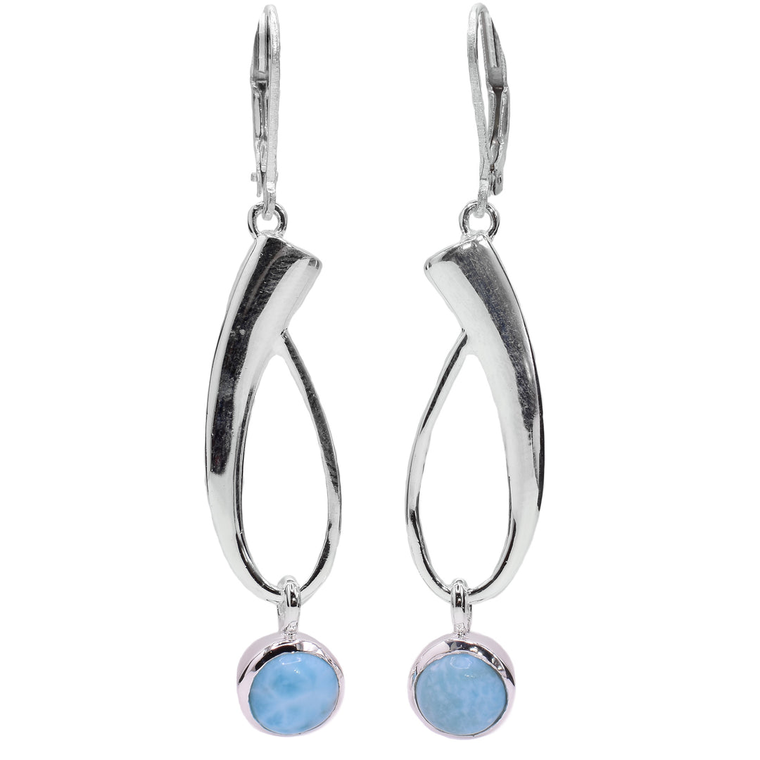 These gemstone drop earrings are made from sterling silver and light blue larminar gemstones. The hangs have long silver sections that are teardrop shaped hoops dangling from the hooks. There are circle gems dangling from the bottom of the silver hoops.