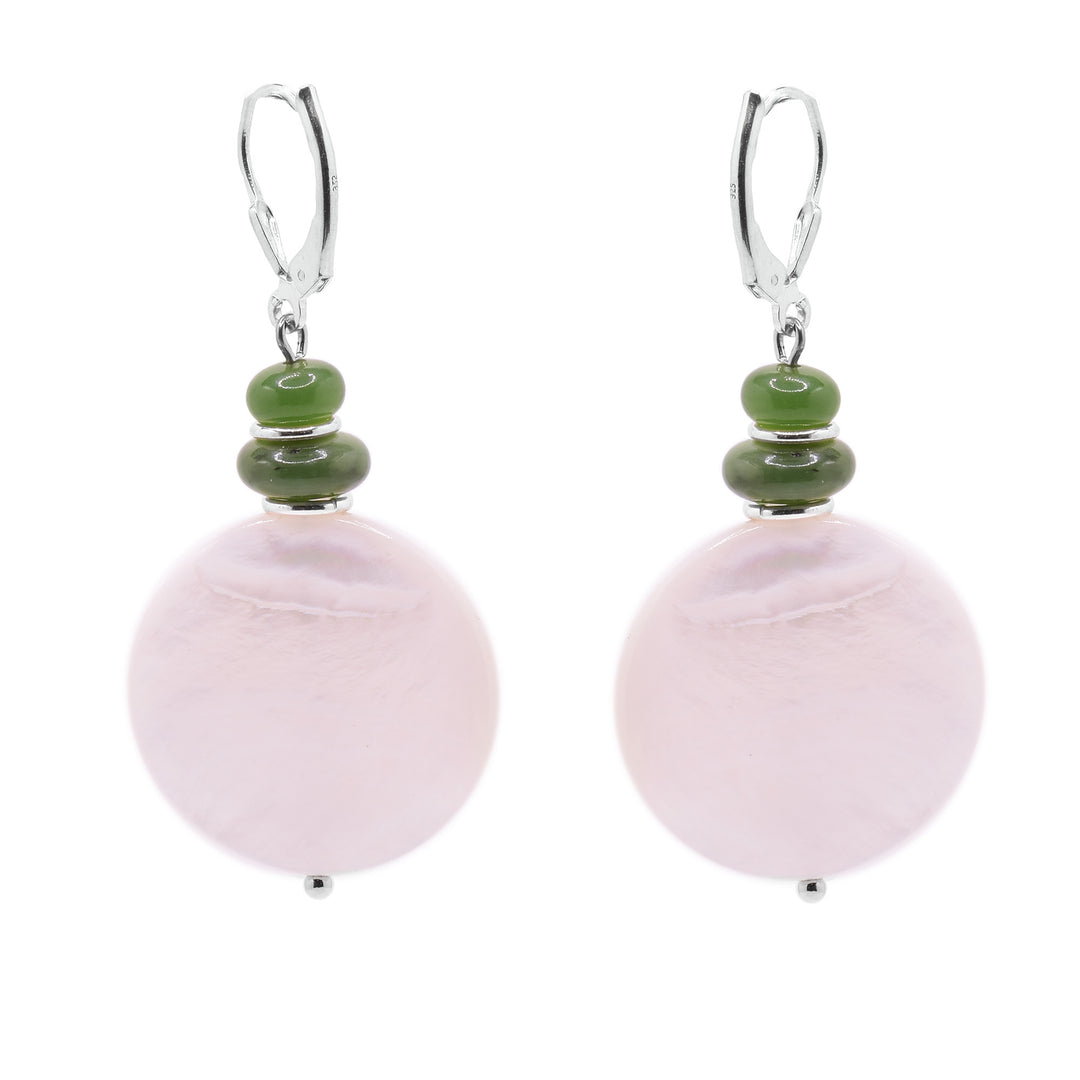 Sterling Silver Leverback Earrings with Pink Mother-of-Pearl and Jade. The pearl sits at the bottom with 2 smaller bc jade pieces sit on top of the pearl. 