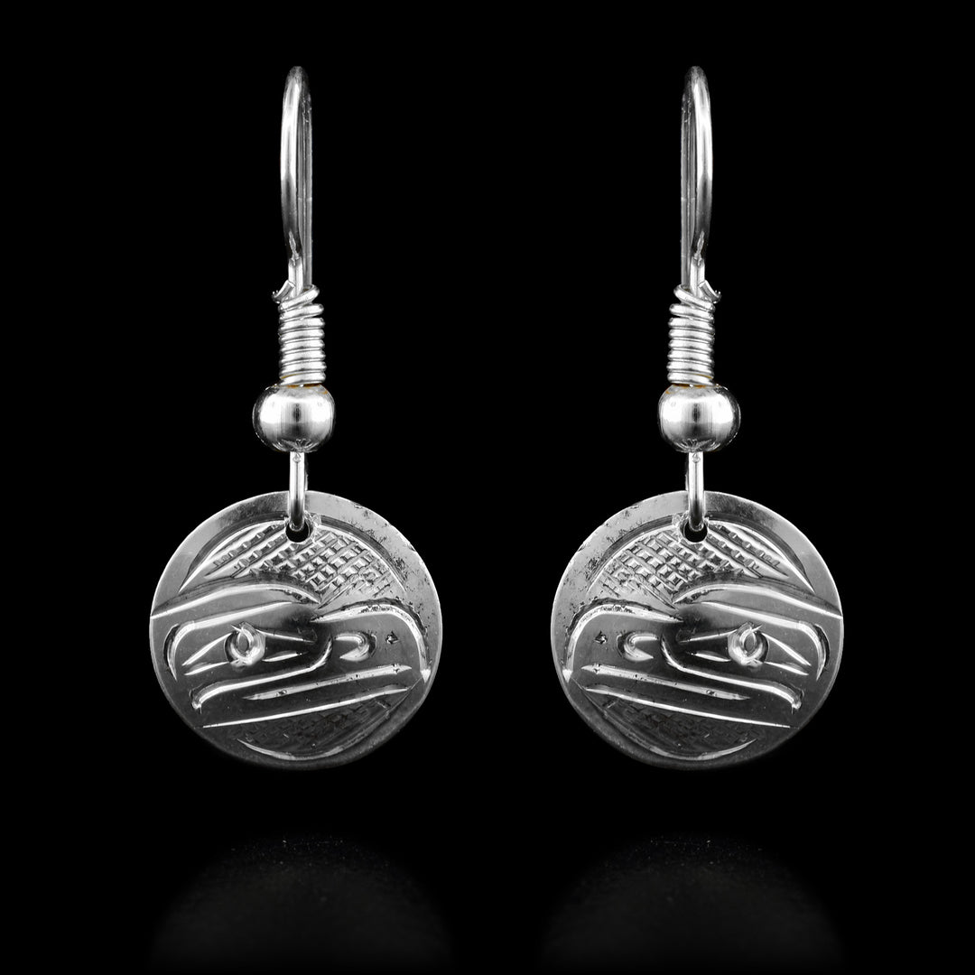 Sterling Silver Minimalist Eagle Earrings hand carved with the legend of the Eagle etched into the circular dangles.
