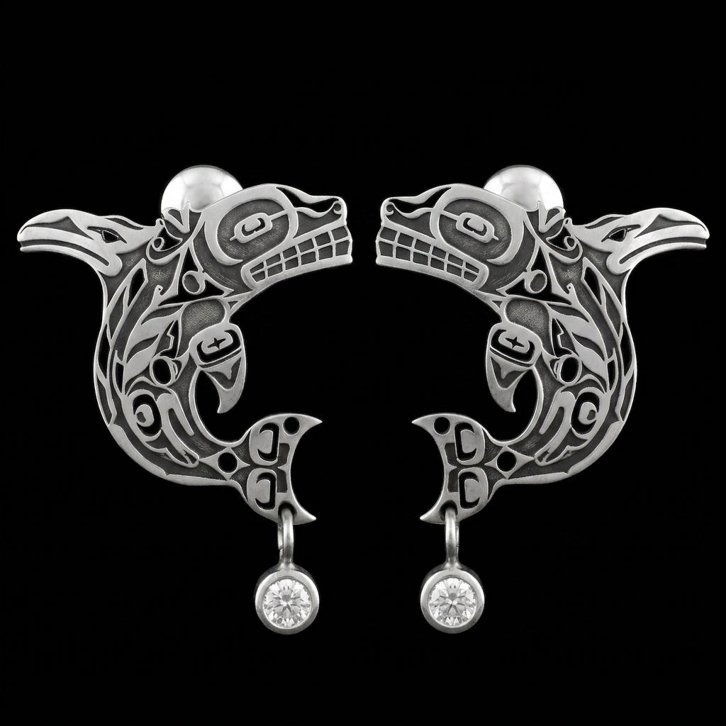 Sterling Silver Orca Studs with Hanging Diamonds