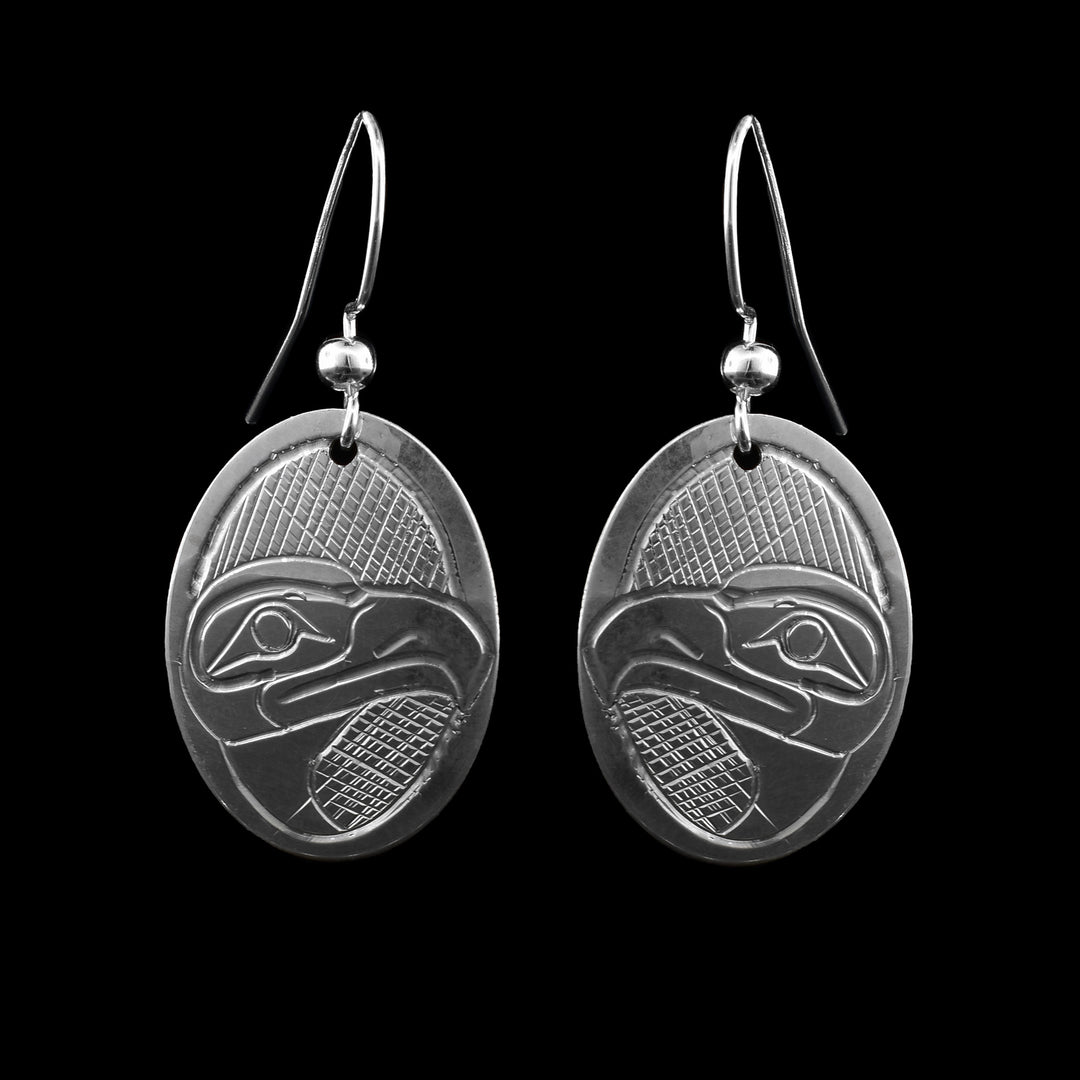Sterling Silver Oval hand carved indigenous legend Eagle Earrings. Depicts the head of the eagle looking outwards with cross hatch background.