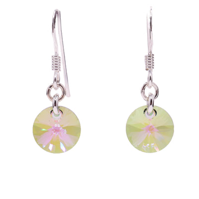 These crystal drop earrings have sterling silver hooks with a light green round crystal hangs.