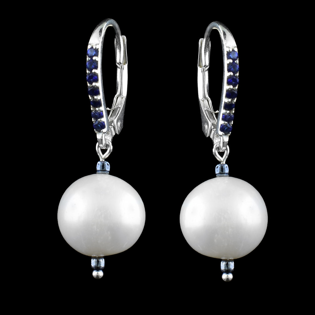 Sterling Silver Pearl & Blue Zirconia Drop Earrings