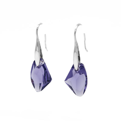 Purple Swarovski crystals with abstract shape. Sterling silver hooks. By Debra Nelson.