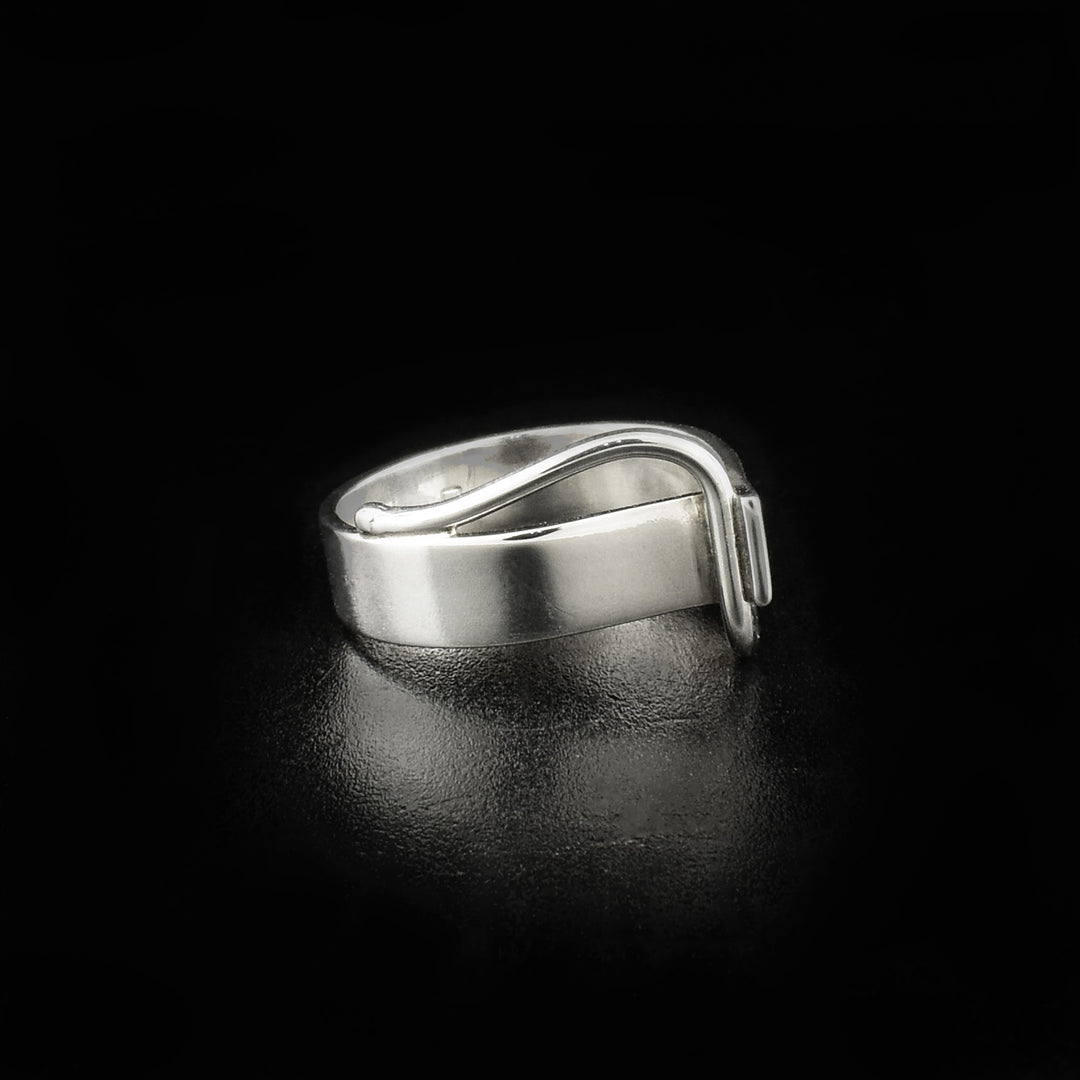 Side-view of ring with end sticking off and side of sterling silver strip visible.