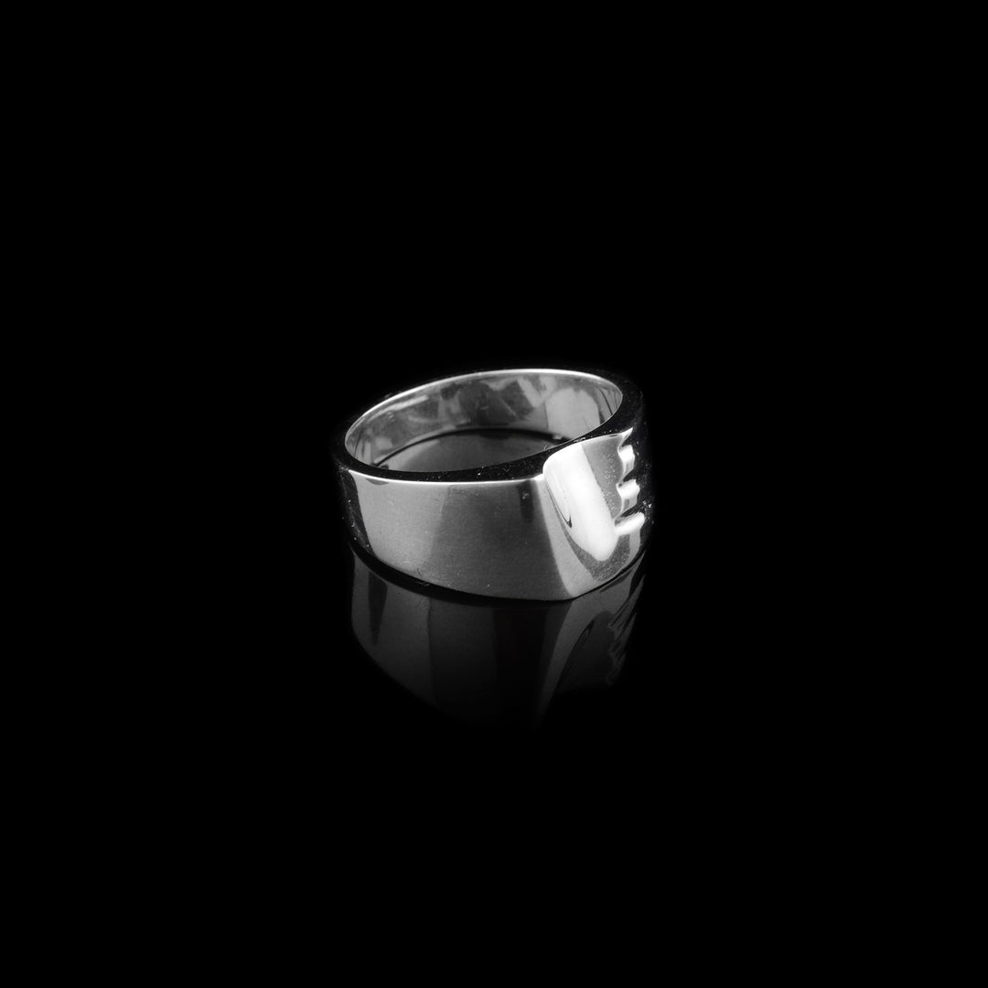 Side-view of ring showing right side, indent and hatch marks visible.
