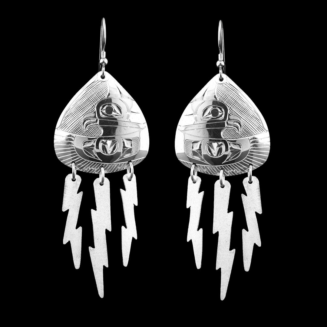  Sterling Silver teardrop shape Thunderbird Dangling Earrings with dangling lightning bolts below.