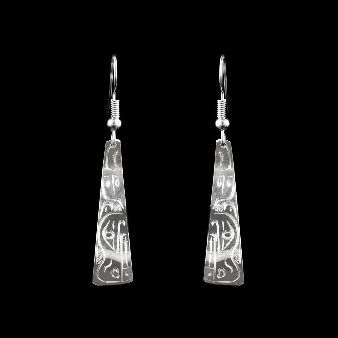 Sterling Silver Triangle Bear Earrings, the carving of the legend of the bear is carved onto the surface of these dangle earrings.