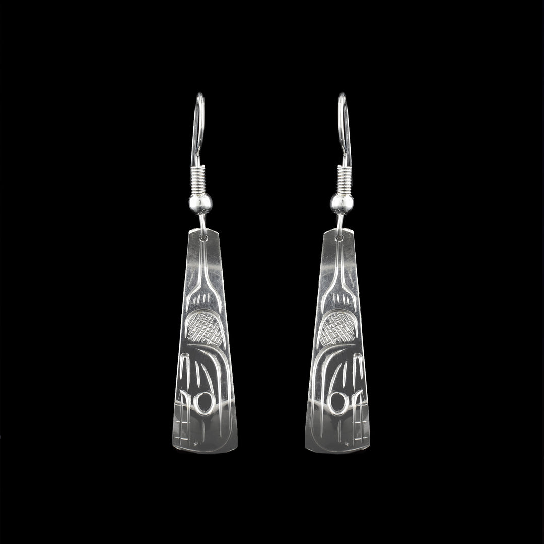 Sterling Silver Triangle Orca Earrings on the surface the Orca indigenous legend is carved onto the surface of these triangle dangle earrings.