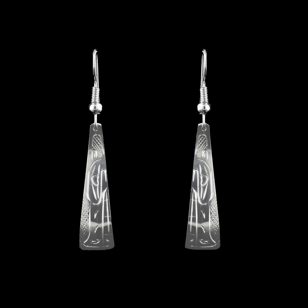 These sterling silver triangle earrings are hand crafted with the legend of the Wolf engraved on the surface of the triangle dangle earrings.
