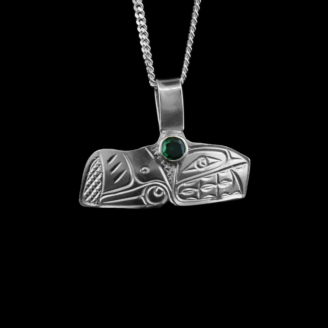 Sterling Silver Whale Tail Orca Pendant with Green Stone