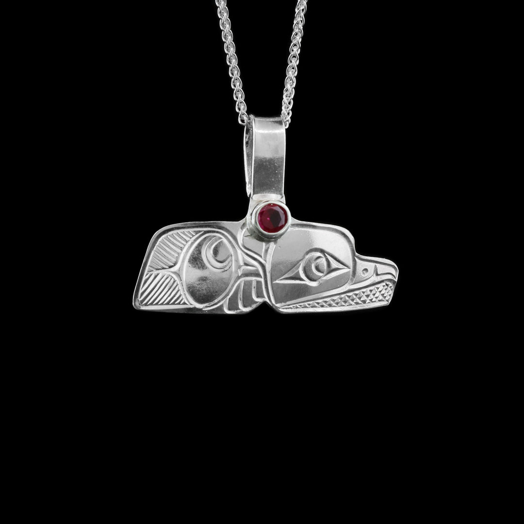 Sterling Silver Whale Tail Raven Pendant with Red Stone