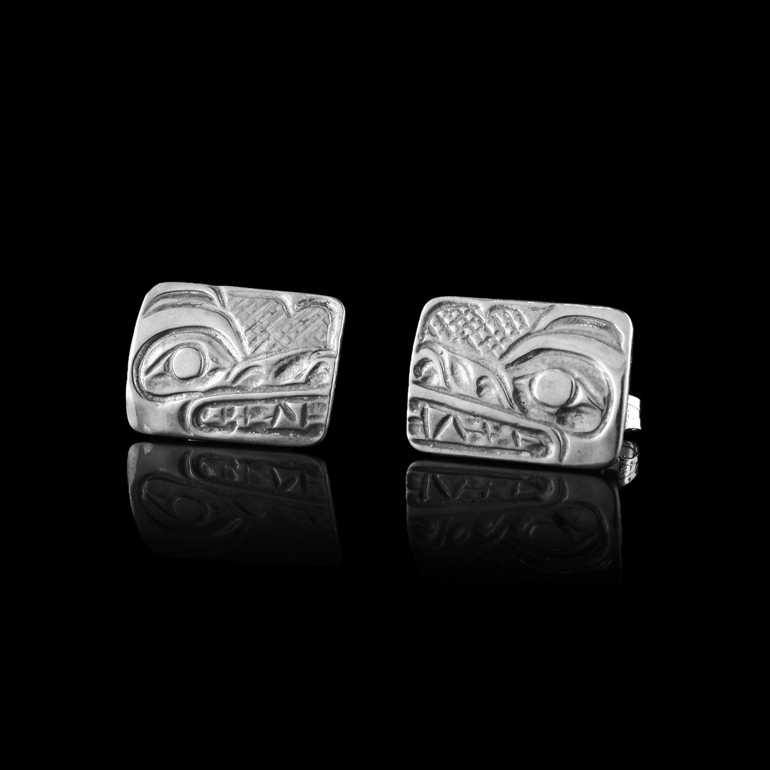 Sterling Silver Wolf Rectangular Stud Earrings 