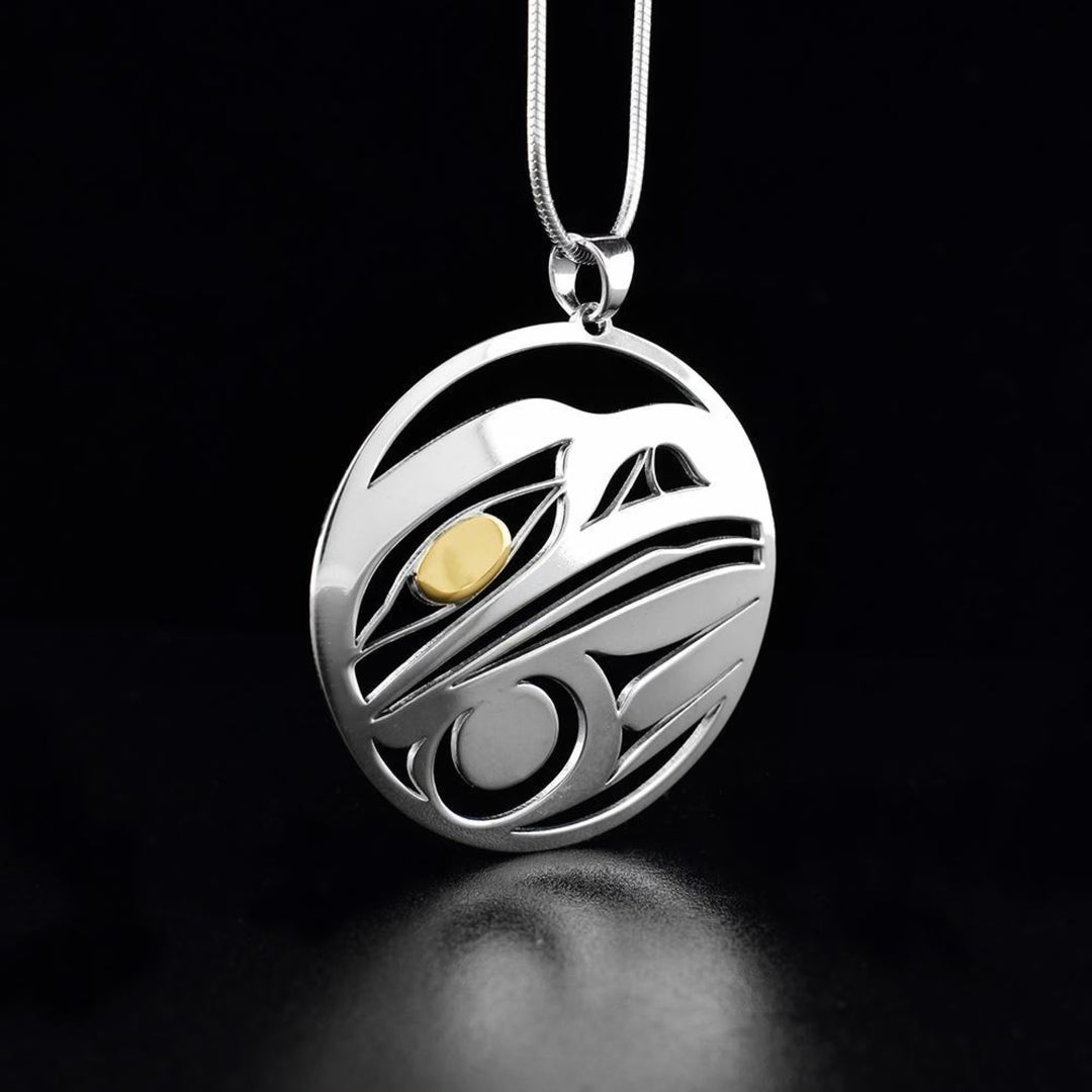 Sterling Silver and 14K Gold Round Raven Pendant