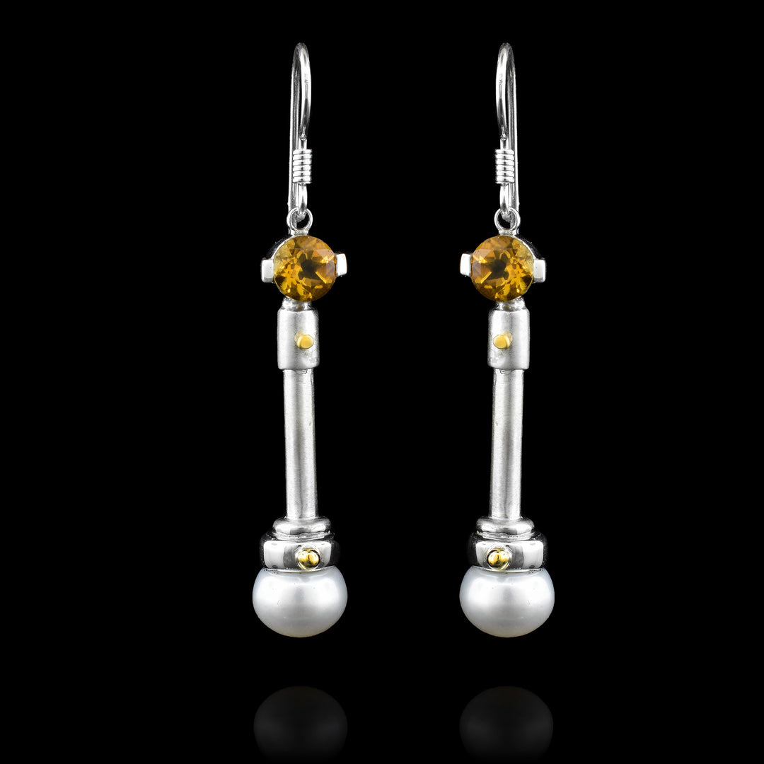 Sterling Silver and 14kGold screws Dangle Earrings with Pearl drops at the bottom and Citrine stones connecting the hook to the base.