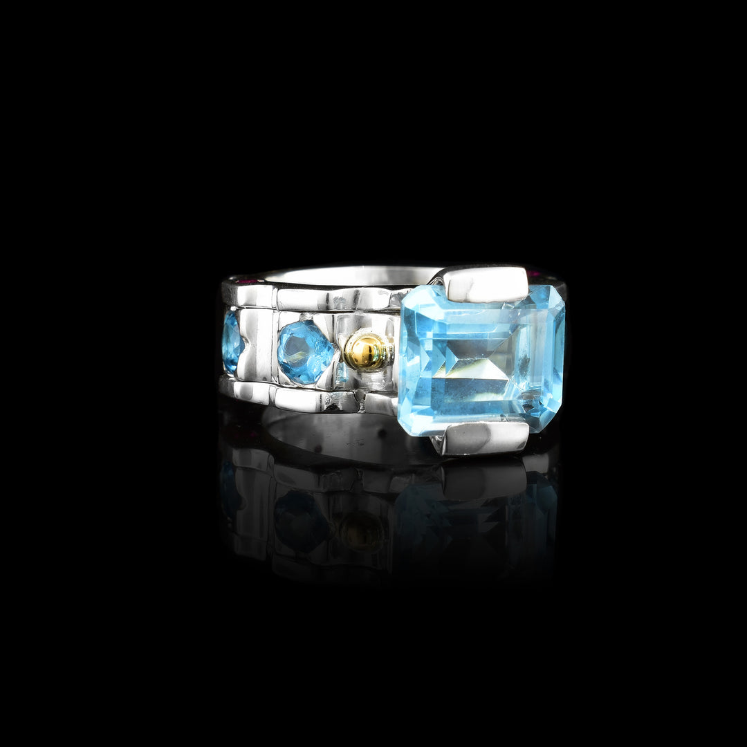 Sterling Silver and 14k Gold Ring with Blue Topaz and Rubies 