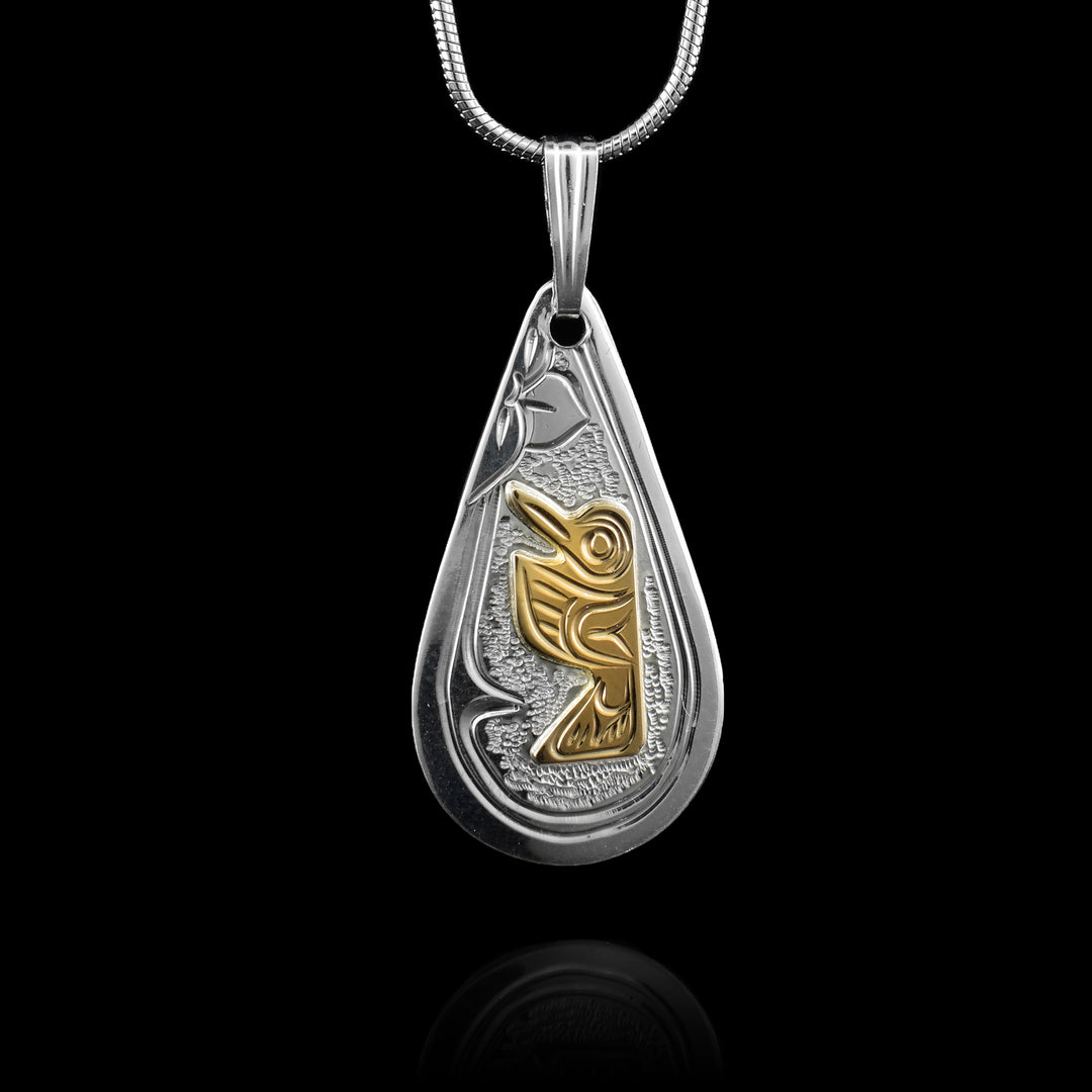 Sterling Silver and 14k Gold Teardrop Hummingbird Pendant