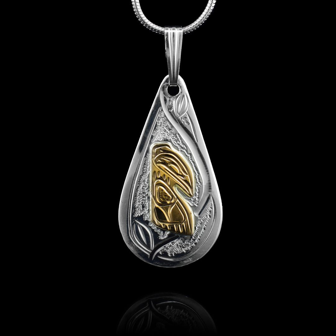 Sterling Silver and 14k Gold Teardrop Raven Pendant