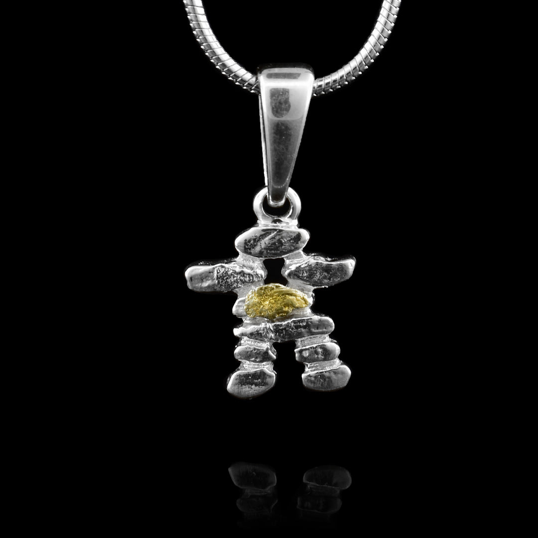 Sterling Silver and 22k Gold Nugget Inuksuk Mini Pendant, the gold nugget sits in the middle of the inuksuk the rest made out of sterling silver.