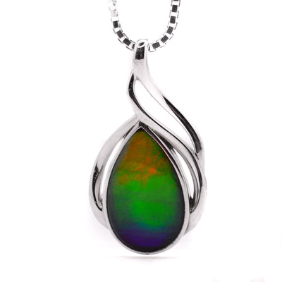 This sterling silver pendant has a teardrop shaped piece of AA grade ammolite.