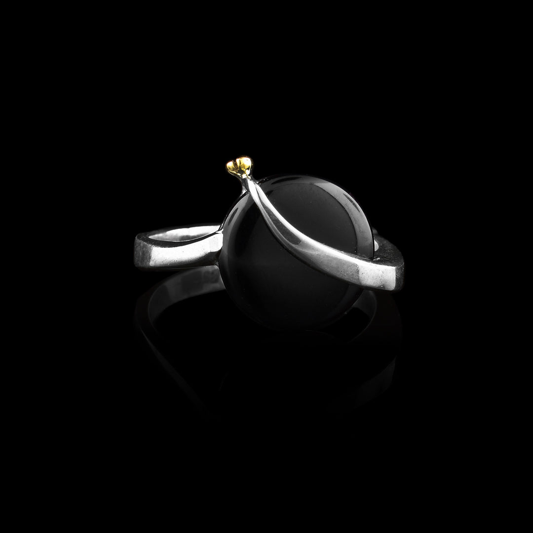 Sterling silver ring featuring a polished black onyx stone with a gold accent for a bold, modern look.