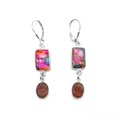 Sterling silver lever-back earrings with dangling rectangular faceted oyster shell. A smaller, faceted, oval piece of strawberry quartz dangles below the oyster shell.