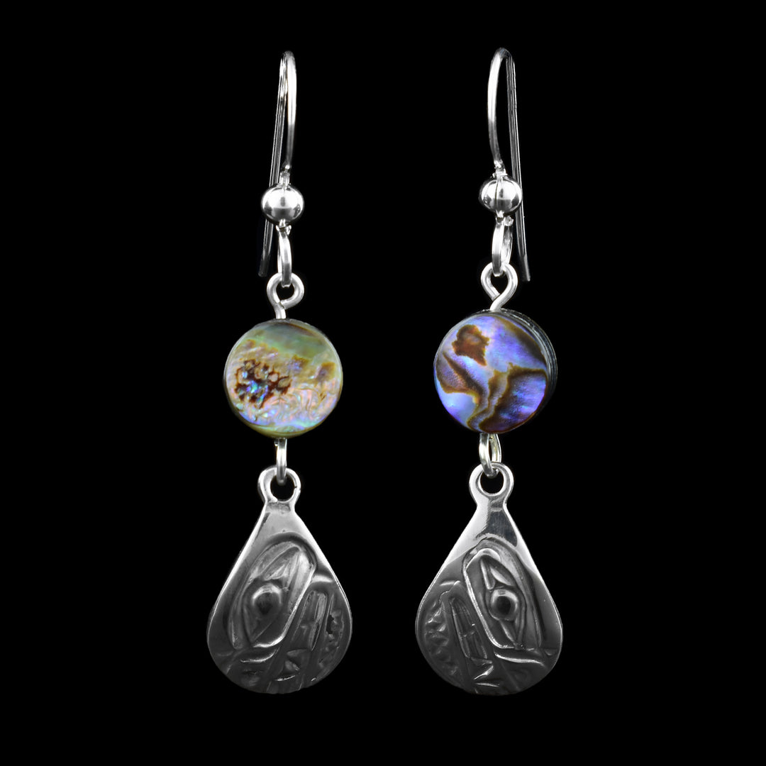These teardrop dangle earrings feature a beautifully carved Bear legend, accented with a round abalone shell above the drop. Finished with classic French hooks.