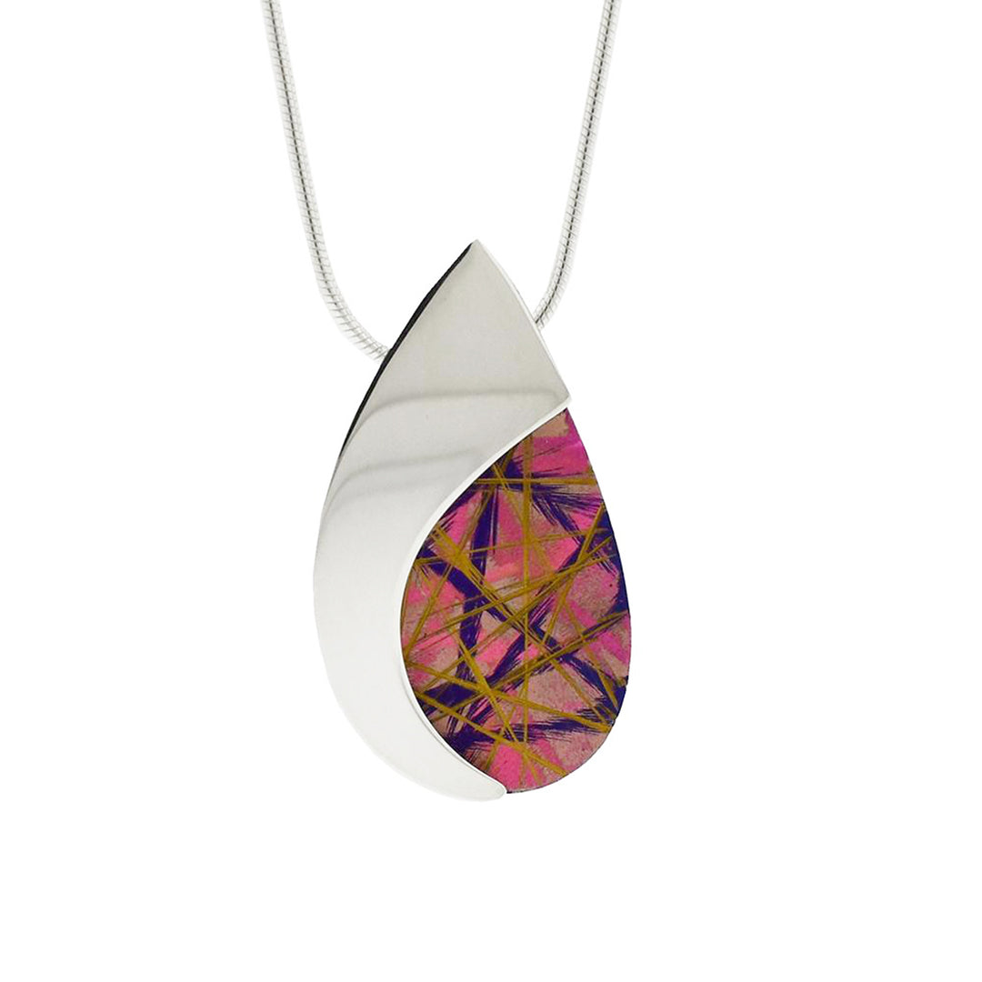 This titanium necklace is made from sterling silver and anodized titanium and has a teardrop shaped pendant. Half of the pendant is made from silver and the other part is pink and has colorful designs that are achieved by anodizing the metal.