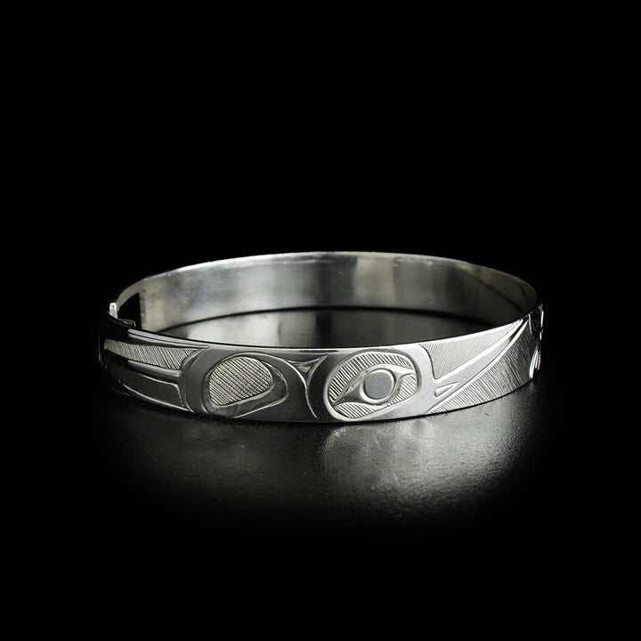 Side-view of hummingbird’s body and head, design done in ovoids and lines. Both sides of bracelet are the same.