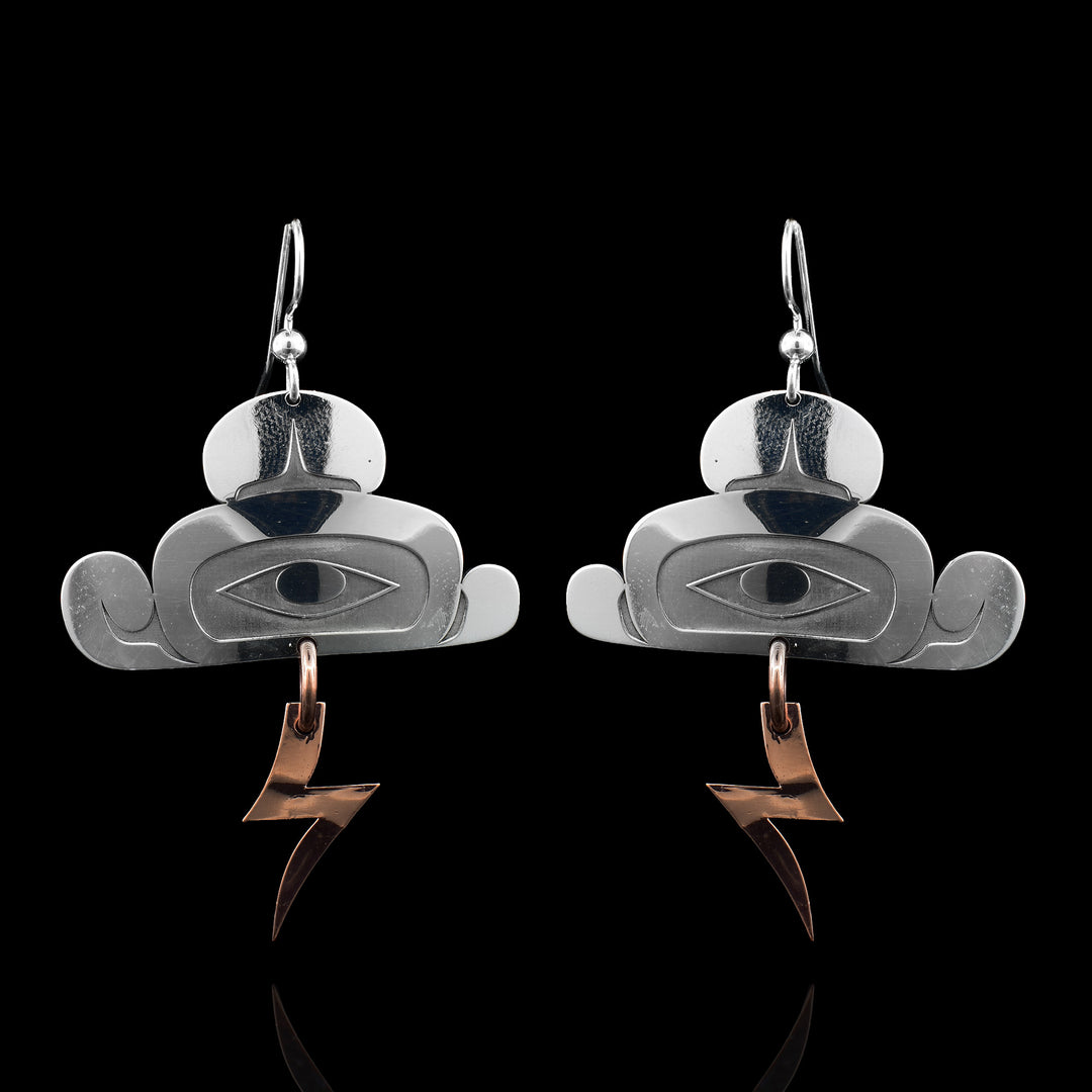 Thunder Cloud Earrings the sterling silver is used for the clouds and the engraving of the eye. The copper is used for the lightning bolt that dangles under the cloud.