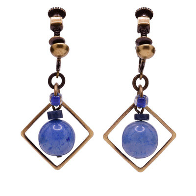 Dangle clip earrings made of dumortierite, aventurine, handworked brass, and glass. Brass clips. By Honica.