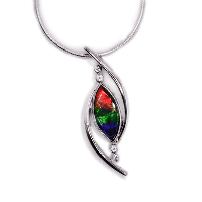 This marquise pendant has a AA-grade ammolite piece embedded in the middle, and round topaz details above and underneath.