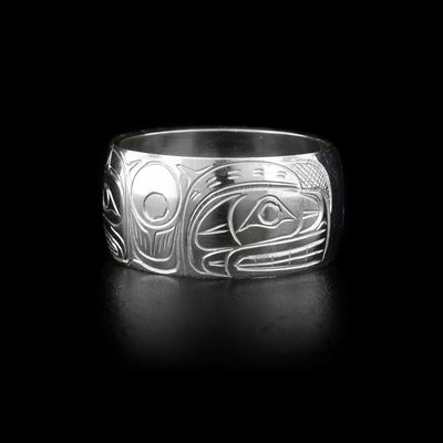 This heavy gauge Bear ring is made from sterling silver and has two depictions of the Bear carved into the surface of the band.
