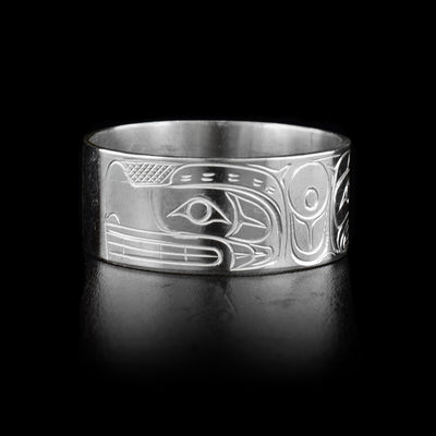 This heavy gauge Wolf ring is made from sterling silver and has two depictions of the Wolf carved into the surface of the band.