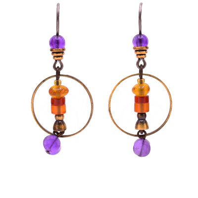 Dangle earrings made of amber, amethyst and carnelian agate. Titanium hooks. By Honica.