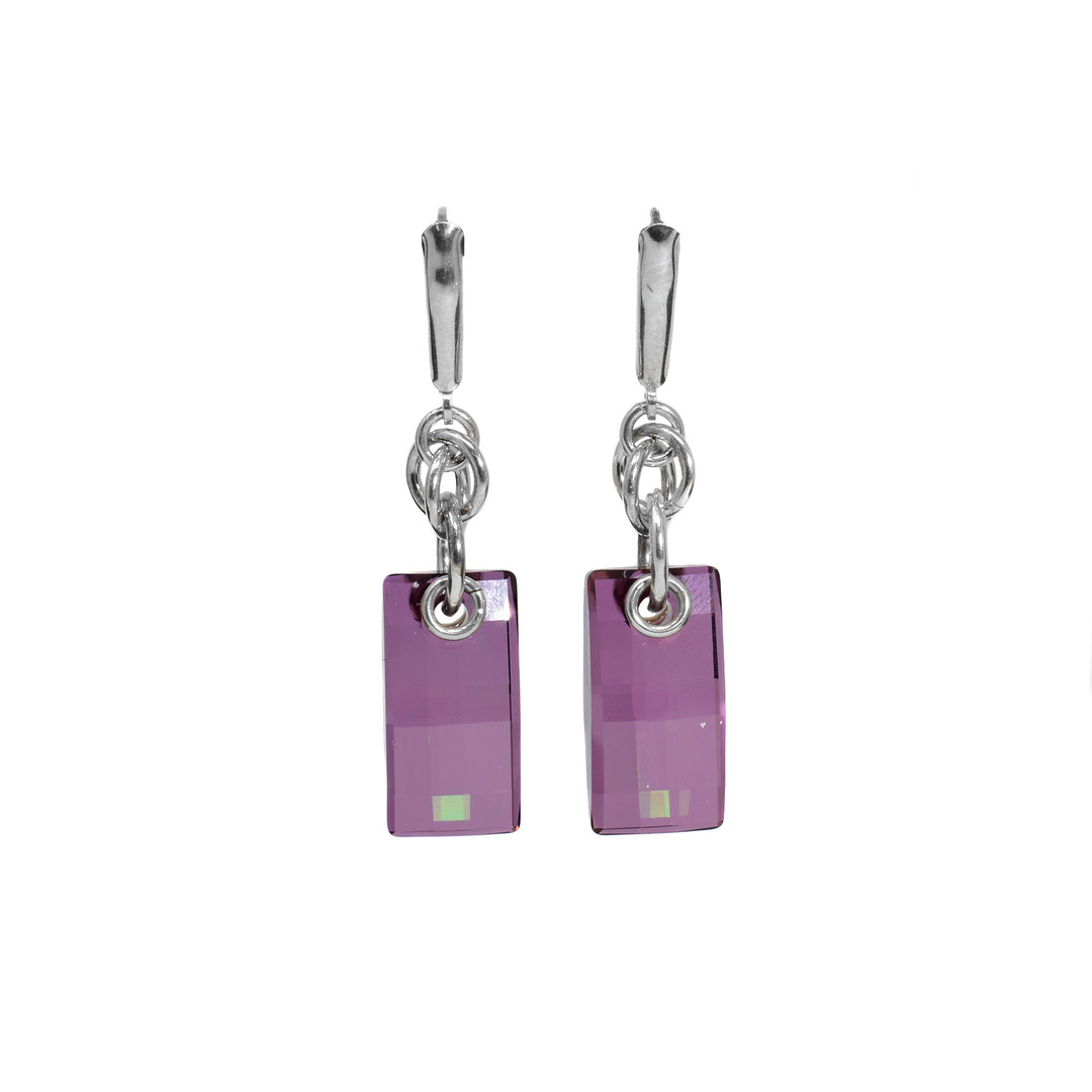 Rectangular amethyst Swarovski crystals hang from interlocking silver rings. Earrings have flange hooks.